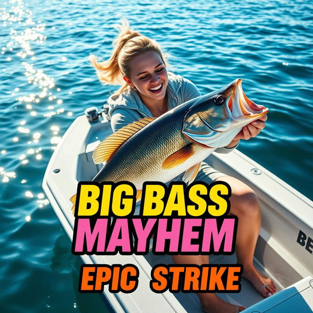 A vibrant vertical thumbnail showcasing a young woman fishing from a modern boat in a dynamic and exciting scene