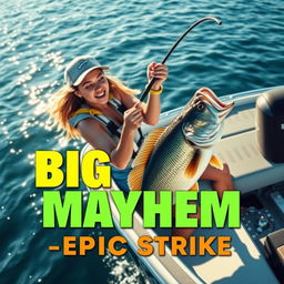 A vibrant vertical thumbnail showcasing a young woman fishing from a modern boat in a dynamic and exciting scene