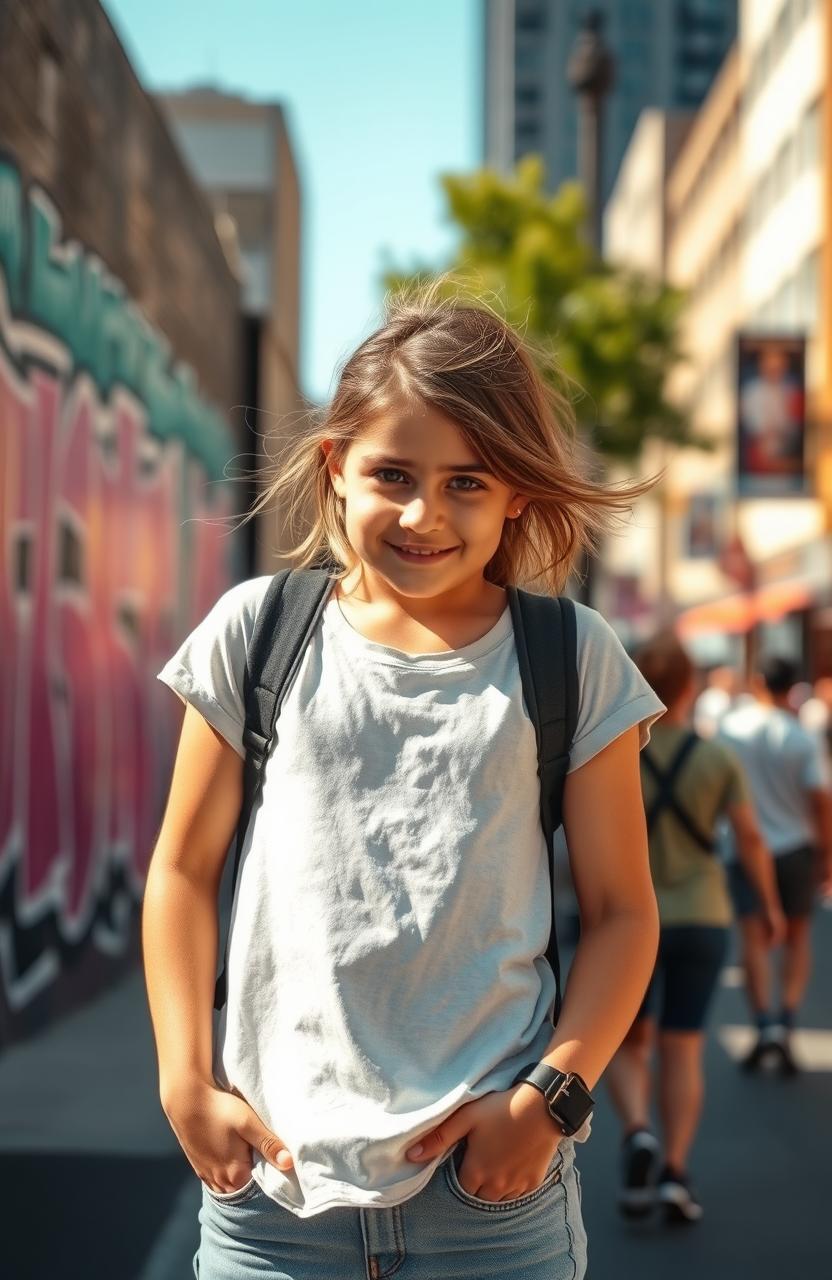 A spare girl standing confidently in an urban setting, wearing casual yet stylish clothes