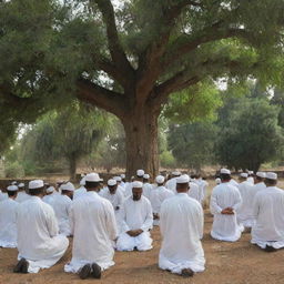 King Alex, along with his people, embrace Islam under the towering trees of their peaceful hamlet. In a silent moment of reverence, they all kneel in unity, marking the transformation of their spiritual journey under the guidance of the elder scholar.