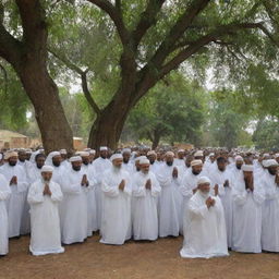 King Alex, along with his people, embrace Islam under the towering trees of their peaceful hamlet. In a silent moment of reverence, they all kneel in unity, marking the transformation of their spiritual journey under the guidance of the elder scholar.