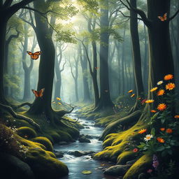 A serene forest scene with towering trees, dappled sunlight filtering through the leaves, a soft carpet of moss covering the ground, and a gentle stream flowing through