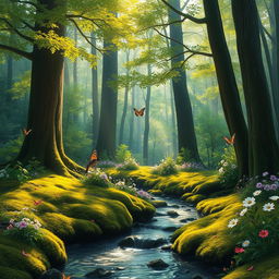 A serene forest scene with towering trees, dappled sunlight filtering through the leaves, a soft carpet of moss covering the ground, and a gentle stream flowing through