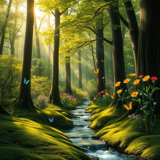 A serene forest scene with towering trees, dappled sunlight filtering through the leaves, a soft carpet of moss covering the ground, and a gentle stream flowing through