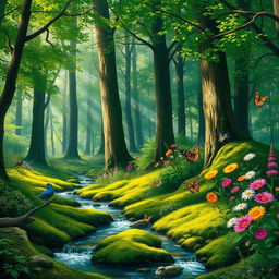 A serene forest scene with towering trees, dappled sunlight filtering through the leaves, a soft carpet of moss covering the ground, and a gentle stream flowing through