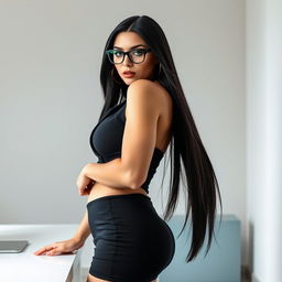 An enticing Russian female boss confidently standing while setting a desk