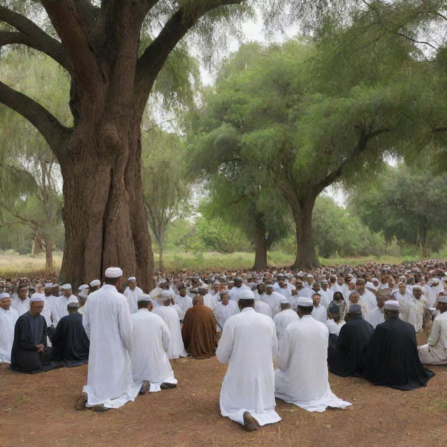 King Alex, along with his people, embrace Islam under the towering trees of their peaceful hamlet. In a silent moment of reverence, they all kneel in unity, marking the transformation of their spiritual journey under the guidance of the elder scholar.