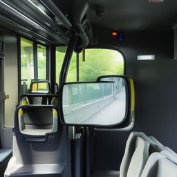 A set of sturdy rearview mirrors on a penitentiary bus, built for security and clear vision.