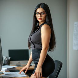 A captivating Russian female boss confidently standing at a desk, arranging items in a poised manner
