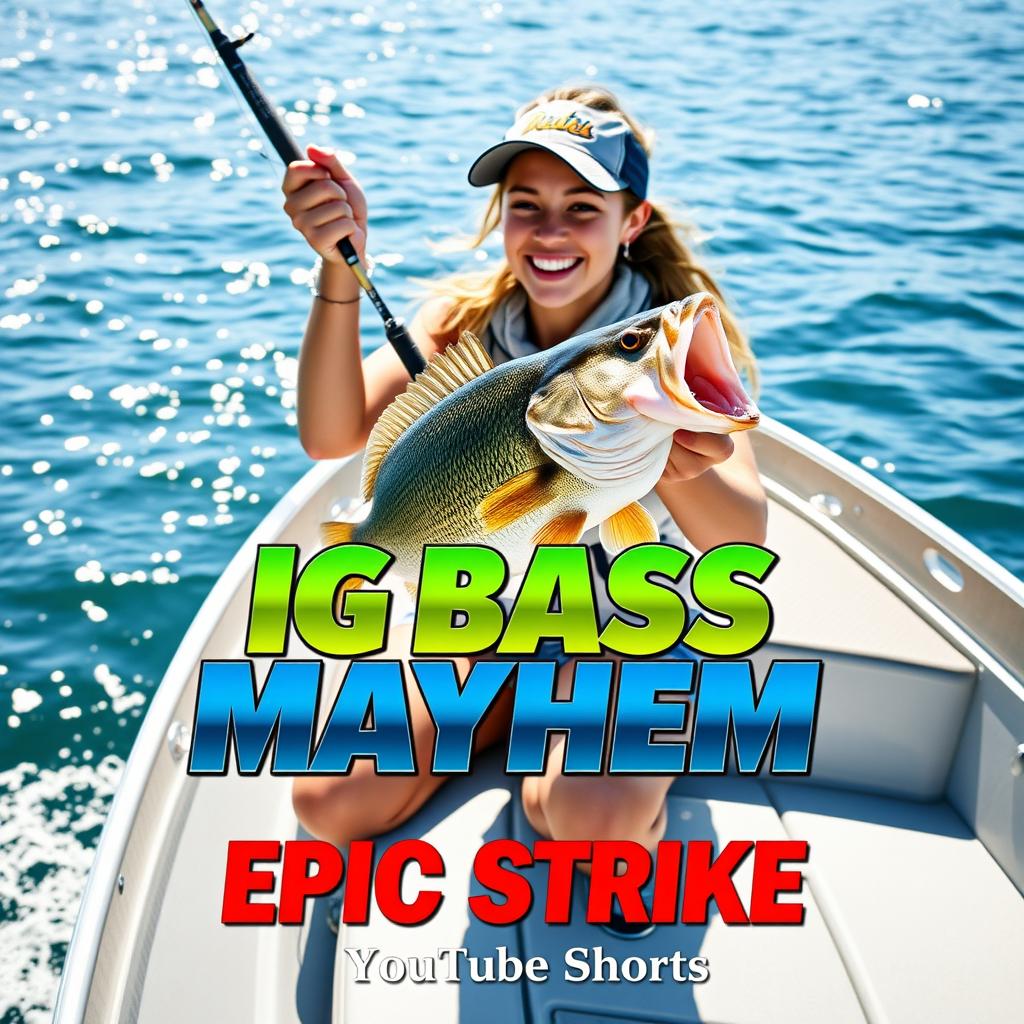 A vibrant vertical thumbnail depicting a young woman fishing from a sleek, modern boat in a dynamic and exciting scene