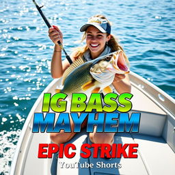 A vibrant vertical thumbnail depicting a young woman fishing from a sleek, modern boat in a dynamic and exciting scene