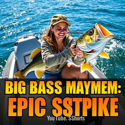 A vibrant vertical thumbnail depicting a young woman fishing from a sleek, modern boat in a dynamic and exciting scene