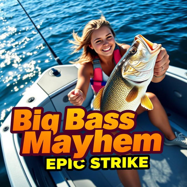 A vibrant vertical thumbnail depicting a young woman fishing from a sleek, modern boat in a dynamic and exciting scene