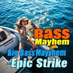 A vibrant vertical thumbnail depicting a young woman fishing from a sleek, modern boat in a dynamic and exciting scene