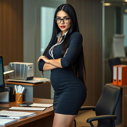 An alluring Russian female boss confidently standing beside her desk, adjusting office supplies with poise