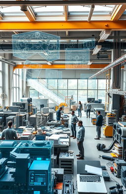 A futuristic engineering workshop filled with advanced machinery and tools