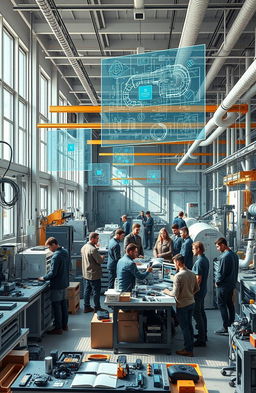 A futuristic engineering workshop filled with advanced machinery and tools