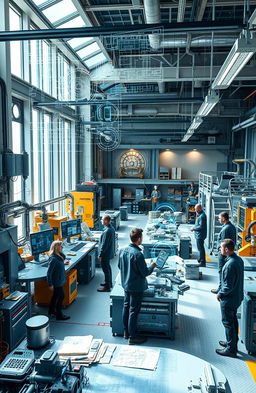 A futuristic engineering workshop filled with advanced machinery and tools