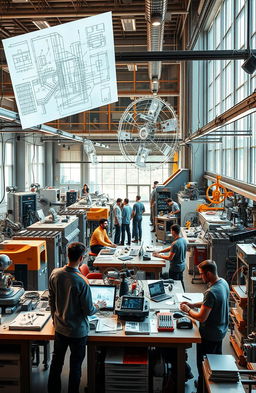 A futuristic engineering workshop filled with advanced machinery and tools