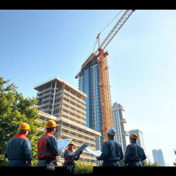 A detailed architectural scene of a bustling building engineering site
