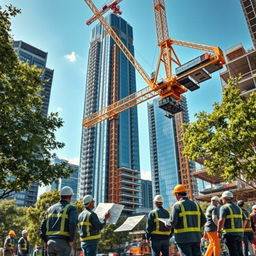 A detailed architectural scene of a bustling building engineering site