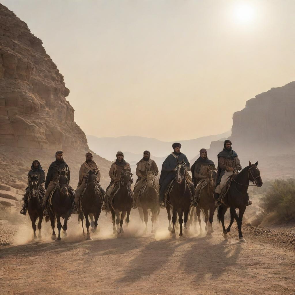 King Ahmad, riding alongside his steed, leads his valiant horsemen on a journey to Rome. They traverse through arid deserts and rocky hills, their silhouettes etched against the setting sun offering a remarkable testament to their determination.