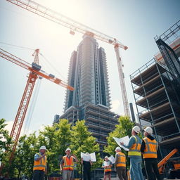 A detailed architectural scene of a bustling building engineering site