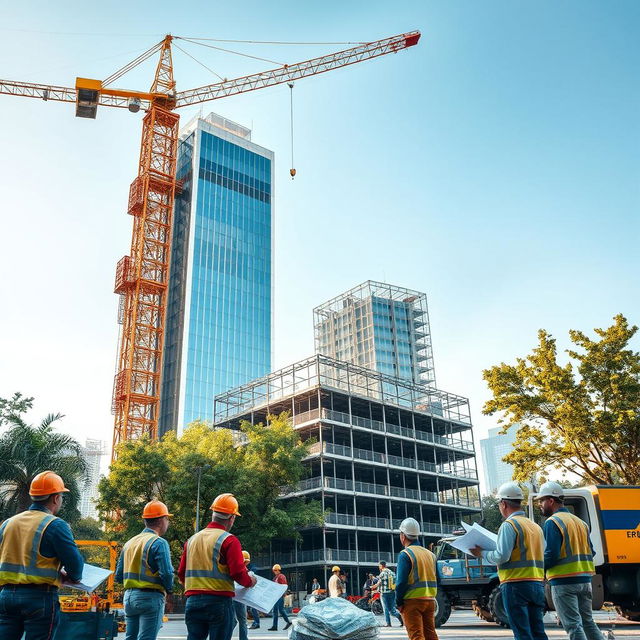 A detailed architectural scene of a bustling building engineering site