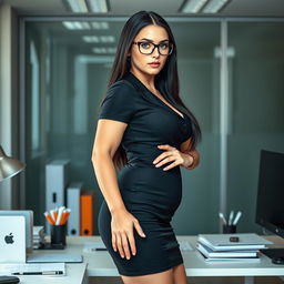 A poised Russian female boss, aged 50, standing assertively at her desk, organizing her workspace with confidence