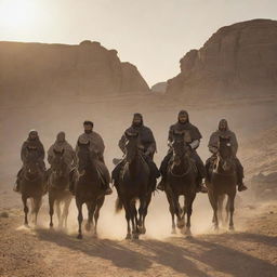 King Ahmad, riding alongside his steed, leads his valiant horsemen on a journey to Rome. They traverse through arid deserts and rocky hills, their silhouettes etched against the setting sun offering a remarkable testament to their determination.