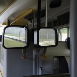 A set of sturdy rearview mirrors on a penitentiary bus, built for security and clear vision.