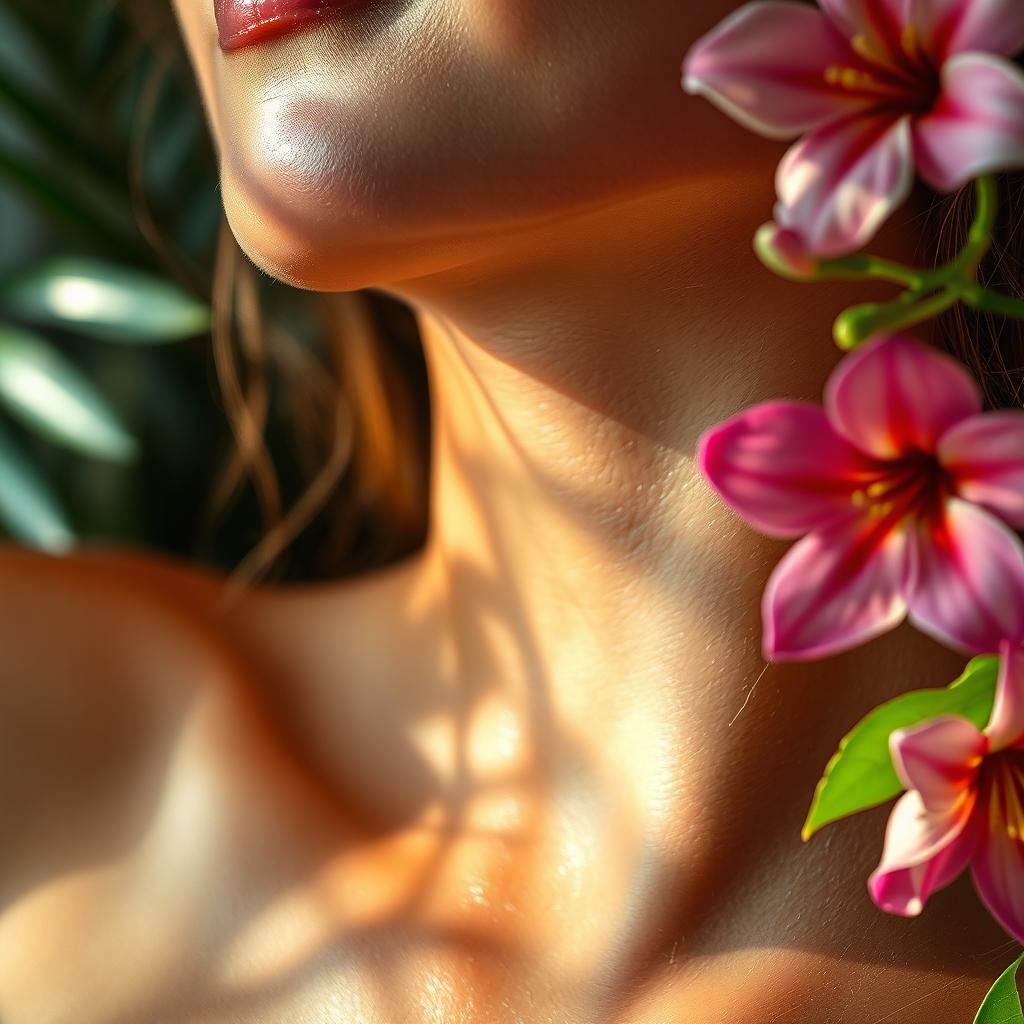 A close-up view of a beautiful, sensual female figure, showcasing a soft and inviting atmosphere