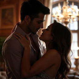 A sensual scene depicting an attractive woman engaging intimately with a man in a romantic and passionate moment