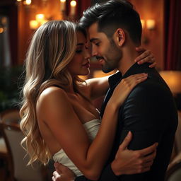A sensual scene depicting an attractive woman engaging intimately with a man in a romantic and passionate moment