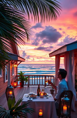 A romantic summer scene at a beach house, featuring a cozy, picturesque beach house with wooden siding and a wraparound porch overlooking the ocean