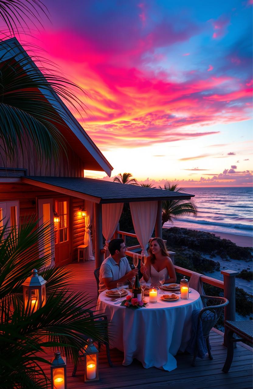 A romantic summer scene at a beach house, featuring a cozy, picturesque beach house with wooden siding and a wraparound porch overlooking the ocean