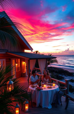 A romantic summer scene at a beach house, featuring a cozy, picturesque beach house with wooden siding and a wraparound porch overlooking the ocean