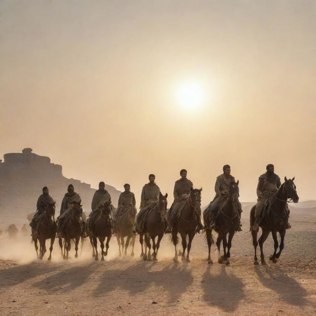 King Ahmad, riding alongside his steed, leads his valiant horsemen on a journey to Rome. They traverse through arid deserts and rocky hills, their silhouettes etched against the setting sun offering a remarkable testament to their determination.