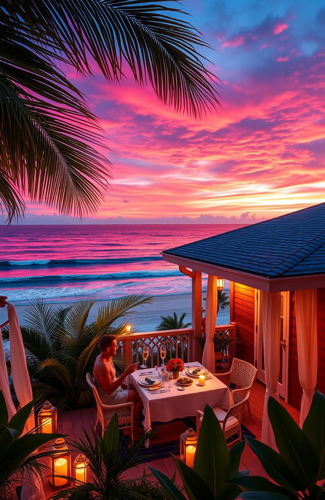 A romantic summer scene at a beach house, featuring a cozy, picturesque beach house with wooden siding and a wraparound porch overlooking the ocean