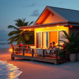 A romantic beach house scene during a warm summer evening, with soft golden sunlight casting long shadows