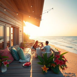 A romantic beach house scene during a warm summer evening, with soft golden sunlight casting long shadows