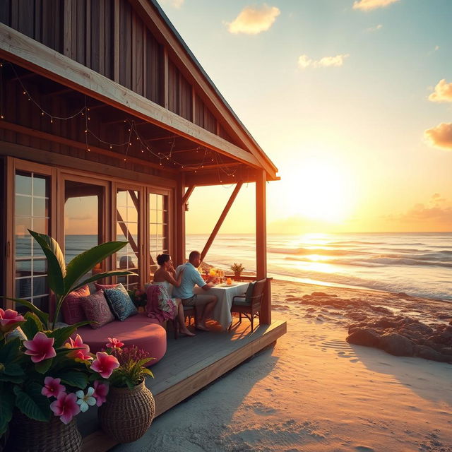 A romantic beach house scene during a warm summer evening, with soft golden sunlight casting long shadows