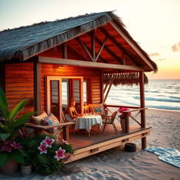A romantic beach house scene during a warm summer evening, with soft golden sunlight casting long shadows