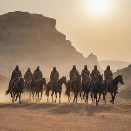 King Ahmad, riding alongside his steed, leads his valiant horsemen on a journey to Rome. They traverse through arid deserts and rocky hills, their silhouettes etched against the setting sun offering a remarkable testament to their determination.