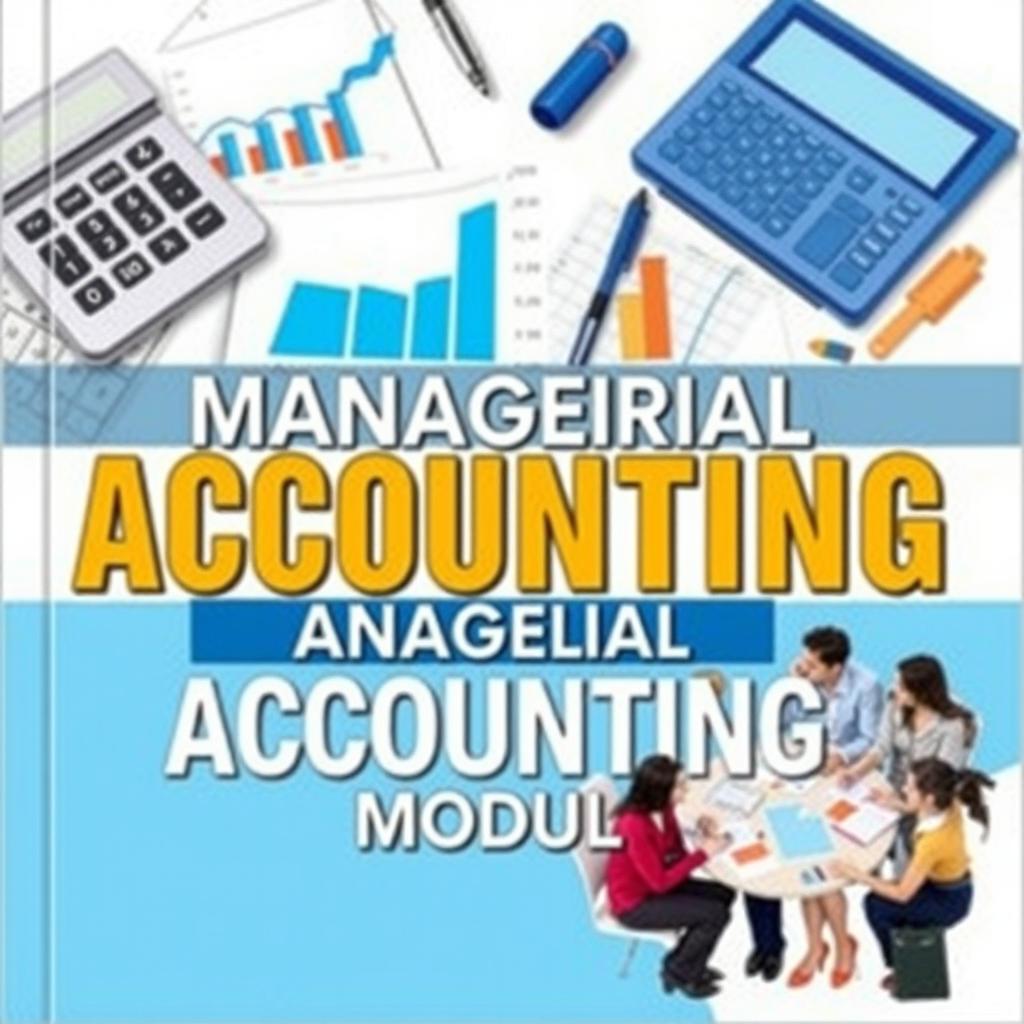 A visually engaging module cover for managerial accounting, featuring key elements like graphs, financial statements, and charts that represent cost analysis and budgeting