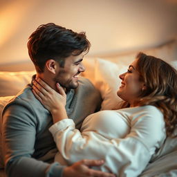 An intimate scene showcasing a loving couple in a serene and romantic setting, captured in a soft and warm light that emphasizes their emotional connection