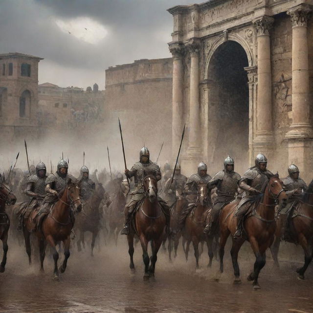 A sudden hailstorm of arrows greet King Ahmad and his horsemen as they approach the gates of Rome. Their steely bravery etched within the scene as they raise their shields amidst the onslaught, creating a dramatic setting under the ancient Roman architecture.