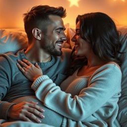 An intimate scene showcasing a loving couple in a serene and romantic setting, captured in a soft and warm light that emphasizes their emotional connection