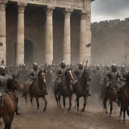 A sudden hailstorm of arrows greet King Ahmad and his horsemen as they approach the gates of Rome. Their steely bravery etched within the scene as they raise their shields amidst the onslaught, creating a dramatic setting under the ancient Roman architecture.