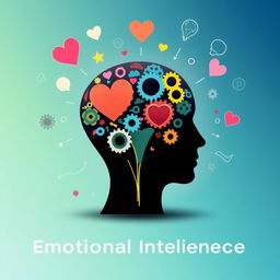 A visually striking representation of emotional intelligence, featuring a human head silhouette with a colorful brain composed of intertwined gears and heart shapes, symbolizing the connection between mind and emotion